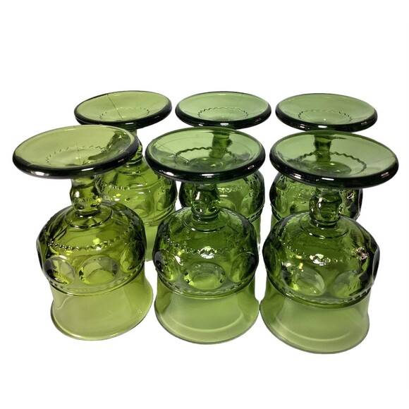 Kings Crown Avocado Green Thumb Print  Indiana Glass Cordial Glasses Six - Picture 7 of 9